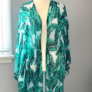 NWOT Long Floral Kimono Beach cover up (Green Leaf)